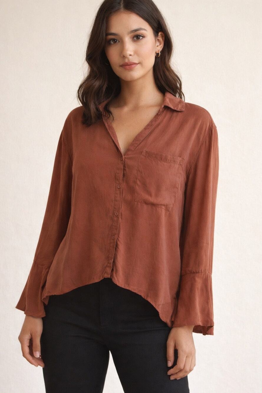 Womens Sancia Cuprio Blend Blouse Top Sz Small Copper Brown V-Neck